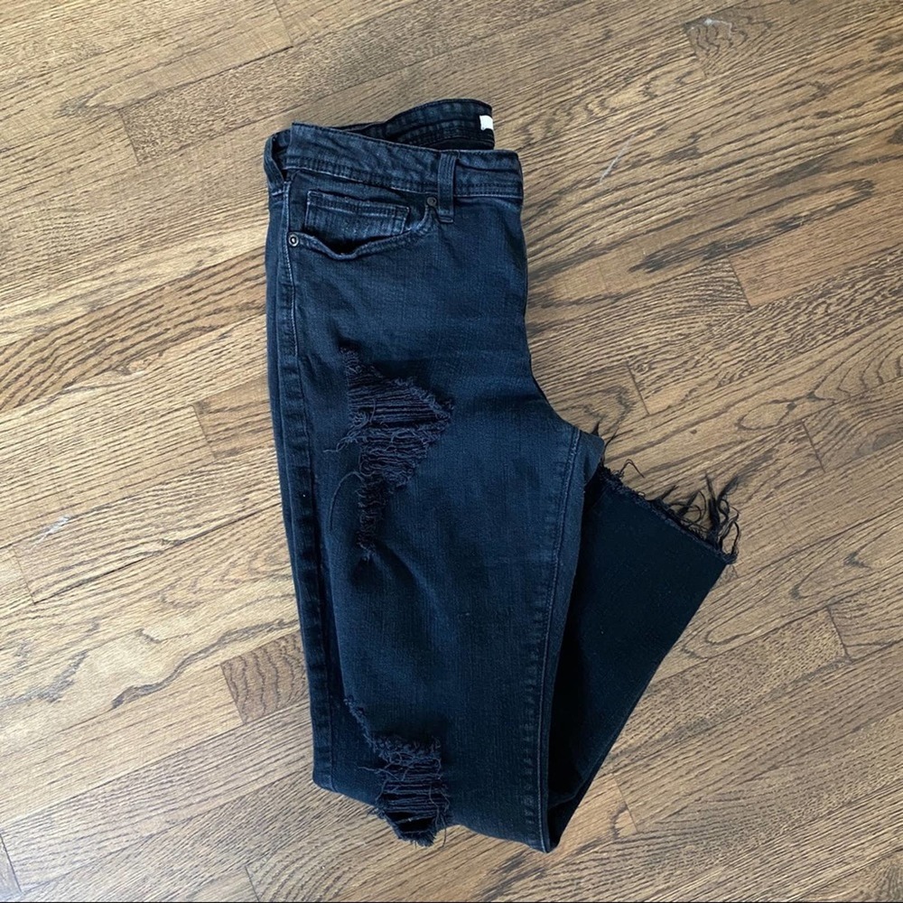 Eunina Black Distressed Straight Leg Raw Hem Jeans